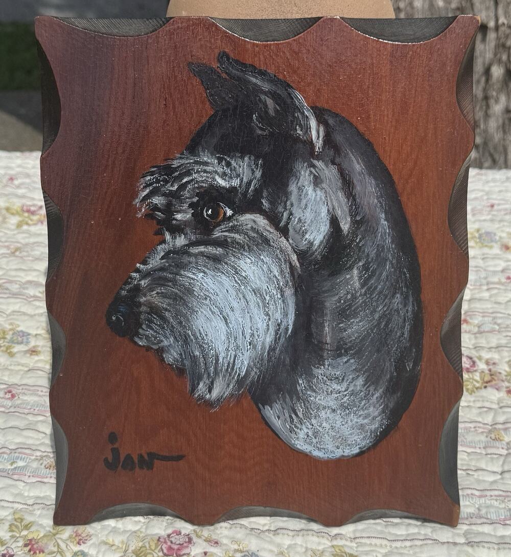 Wood Plague Painted Schnauzer 11.5”x9” Black Gray Dog